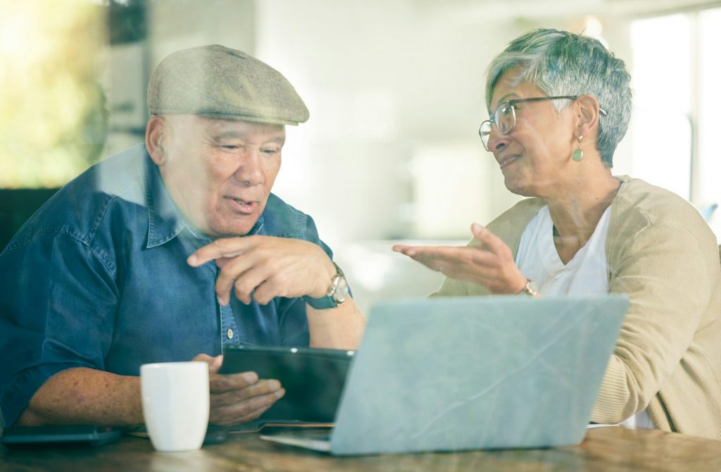Tablet, laptop or old couple on social media for communication, website or internet connection. Peo